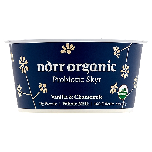 Norr Organic Vanilla & Chamomile Probiotic Skyr, 5.3 oz
Our traditional Icelandic style skyr. 
Simply clean organic ingredients & science-backed probiotics.

For this whole milk skyr we combine rich bourbon vanilla with soothing notes of sweet chamomile. The elegant pair will delight your tastebuds and calm your belly - this is no plain vanilla.

Cultures: Bifidobacterium anim. s. lactis BB-12®, Lactobacillus rhamnosus, Lactobacillus delbrueckii s. bulgaricus, Streptococcus thermophilus