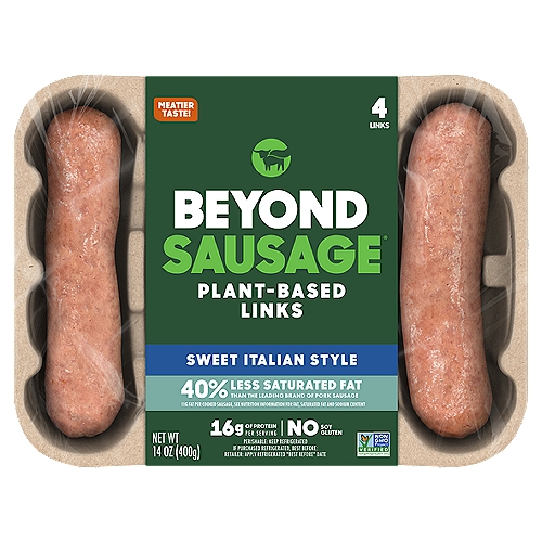 Beyond Meat Beyond Sausage Sweet Italian Plant-Based Links, 4 count, 14 oz
From grill to frying pan, Beyond Sausage® Sweet Italian has a new, meatier taste stuffed with flavorful plant-based goodness - a sweet and savory meal that satisfies. It's also an excellent source of protein (16g per serving), has 0mg cholesterol, no added hormones or antibiotics and has 40% less saturated fat than a leading brand of pork sausage.

Made from simple plant-based ingredients - like peas and brown rice - our Beyond Sausage has no GMOs, no soy, or gluten. Each pack contains 4 plant-based links that can be thrown in a bun, put on kebabs, sliced onto pizza or crumbled into sauce. Enjoy every bite.