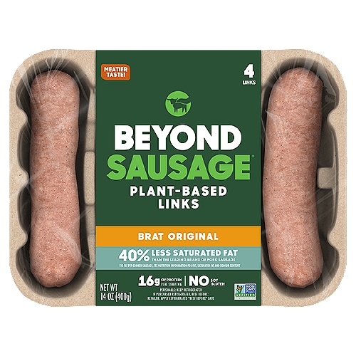 Beyond Meat Beyond Sausage Plant-Based Dinner Sausage Links, Brat Original 14 oz
From grill to frying pan, Beyond Sausage is stuffed with delicious flavor and satisfying sizzle. It's also an excellent source of protein (16g per serving), has no cholesterol, and is lower in saturated fat (35% less than a leading brand of pork sausage). Made from simple plant-based ingredients - like peas, brown rice and faba beans - our Beyond Sausage has no GMOs, soy or gluten. Each pack contains 4 plant-based links that can be thrown in a bun, put on kebabs, sliced onto pizza or crumbled into sauce. Enjoy every bite.

See nutrition panel for fat, sat fat and sodium content.

Saturated Fat per Cooked Link:
Leading brand of pork sausage - 8g
Beyond Sausage® - 5g

The Future of Protein®
Behold Beyond Sausage® - The Missing Link that Serves Up the Sizzle and Juicy Satisfaction of Pork Sausage with All the Upsides of a Plant-Based Meal.