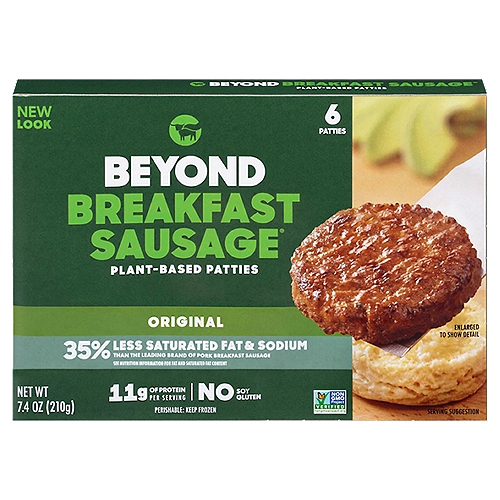 Beyond Meat Beyond Breakfast Sausage Original Plant-Based Patties, 6 count, 7.4 oz
Saturated fat and sodium comparison per cooked serving
Leading brand of pork breakfast sausage 7g, 415mg
Beyond Breakfast Sausage® 4.5g, 270mg