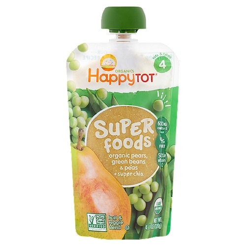 Happy Tot Organics Super Foods Fruit & Veggie Blend Baby Food, Stage 4, Tots & Tykes, 4.22 oz
Organic Pears, Green Beans & Peas + Super Chia Fruit & Veggie Blend Baby Food, Stage 4, Tots & Tykes

… Our …
Yummy Recipe
1/3 pear
5 green beans
31 peas
+1 tsp super chia

Omega-3s (ALA) from chia seeds help your toddler get the most out of every bite.
Here's to a happy & healthy start!
Love,
Shazi