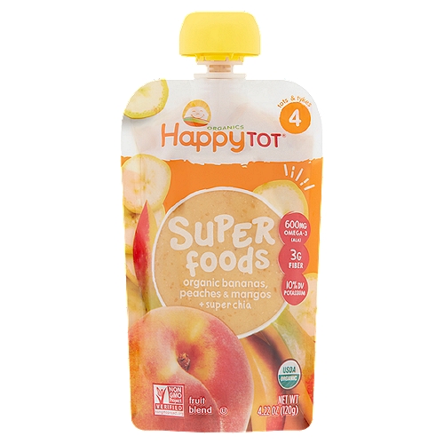 Happy Tot Organics Super Foods Fruit Blend Baby Food, Stage 4, Tots & Tykes, 4.22 oz
Organic Bananas, Peaches & Mangos + Super Chia Fruit Blend Baby Food, Stage 4, Tots & Tykes

...Our...
Yummy Recipe
1/2 banana
1/4 peach
3 1/2 tsp mango
+1 tsp super chia

Omega-3s (ALA) from chia seeds help your toddler get the most out of every bite!
Here's to a happy & healthy start!
Love,
Shazi