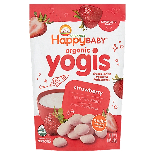 Happy Baby Organics Organic Yogis Strawberry Freeze-Dried Yogurt & Fruit Snacks, Crawling Baby, 1 oz
Our Enlightened Nutrition Philosophy
Made with yogurt cultures
Learning to pick up helps with baby's development
No gelatin or artificial flavors

Your Child May Be Ready for Organic Yogis when She or He:
Pulls self up to stand with support
Uses jaws to mash food between gums
Crawls without tummy touching the ground
Picks up food to eat with thumb and forefinger