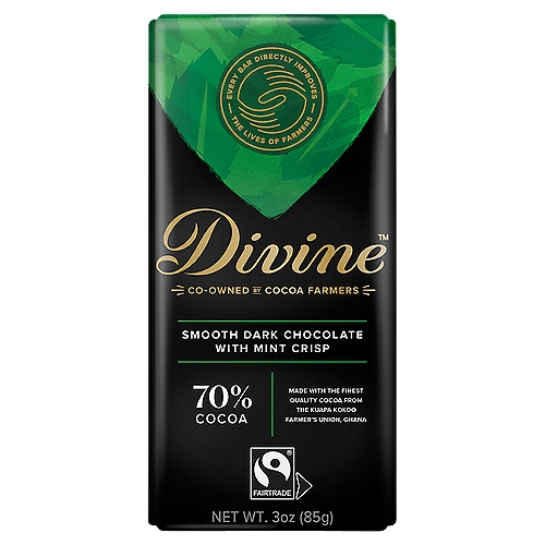 Divine 70% Cocoa Smooth Dark Chocolate with Mint Crisp, 3 oz
Deliciously Smooth dark Chocolate, Co Owned by Farmers, Fairtrade Certified, Vegan, Non GMO Verified, B Corp Certified, FSC certified, Kosher