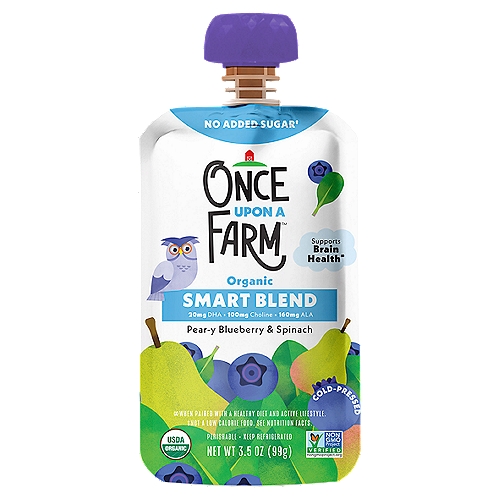 Once Upon a Farm Organic Smart Blend Pear-y Blueberry & Spinach Baby Food, 3.5 oz
No Added Sugar‡
‡Not a Low Calorie Food. See Nutrition Facts.

Supports brain health∞
∞When Paired with a Healthy Diet and Active Lifestyle.