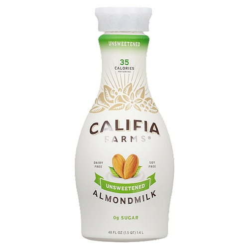 CALIFIA FARMS Unsweetened Almondmilk, 48 fl oz
Smooth, creamy, and beautifully simple, our Unsweetened Almondmilk is delightful, with no added sugar, so you can use it any way you please. Blend it, bake with it, flavor it, or enjoy it au naturel. Not only does it taste amazing as is, it's also an excellent source of calcium. And since it's unsweetened, it works beautifully in savory recipes like creamy soups and family-favorite mac and cheese. This is an almond milk you're always going to want in your fridge.

We craft our almond milk from simple, plant-based ingredients for a clean, honest flavor. Our raw almonds are patiently soaked before blending for a satisfyingly smooth texture. What you taste is what you get: just pure, creamy almond goodness with no sugar, no carrageenan, and no compromises.