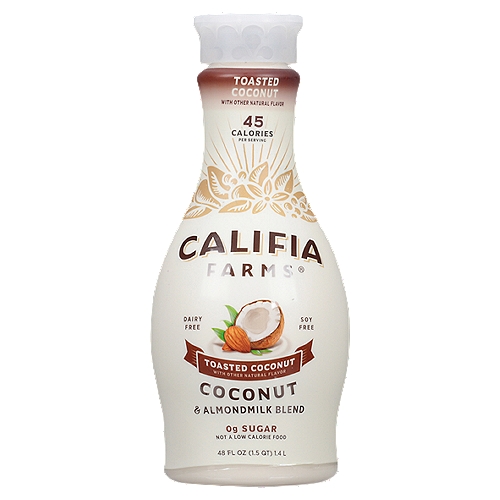 CALIFIA FARMS Toasted Coconut & Almondmilk Blend, 48 fl oz
Our famously smooth almond milk is blended with real coconut cream for a plant milk so soft and creamy, it's like sipping a cloud. 

With fragrant notes of toasted coconut and a touch of sweetness, this dreamy plant milk has a delicate flavor that instantly elevates smoothies, hot drinks, cereals, and desserts. Yet it tastes so good fresh from the glass, you won't believe it's sugar-free.* Plus it's an excellent source of calcium, and only 45 calories per serving. We made Toasted Coconut Almondmilk from scratch using simple, plant-based ingredients for a refreshingly pure taste and heavenly creaminess. It's deliciously drinkable!
*not a low calorie food