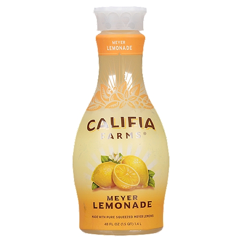 Califia Farms Meyer Lemonade, 48 fl oz
Bright and refreshing, our Meyer Lemonade is a step above the rest, made from simple, plant-based ingredients like real Meyer lemons. 

Meyers are naturally sweeter and less acidic than regular lemons and have a hint of orange flavor. (That's because they're believed to be a hybrid of a regular lemon and an orange.) We don't ruin the taste of our Meyer lemons with too much sugar — just enough to perfectly complement their sweet, sour, and slightly floral taste. Drink this thirst quencher straight or get creative. Meyer Lemonade is perfect to freeze into popsicles, mix into cocktails, or blend into a fruit smoothie.