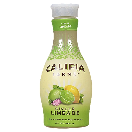 Califia Farms Ginger Limeade, 48 fl oz
The perfect balance of sweet, sour, and a little zing, our Ginger Limeade is a refreshing twist on an old favorite. 

This surprisingly addictive summer cooler is made from simple, plant-based ingredients like bright, zesty limes and snappy ginger. Adding just-enough-but-not too-much cane sugar, we let the fresh, vibrant flavor of sun-ripened limes shine through, elevated by a kick of ginger. Turn to this thirst-quenching drink to cool you down on hot days and cheer you up when the weather's dark and dreary. Freeze it into kid-pleasing popsicles. Or use it as a mixer to make next-level margaritas, mojitos, and gin & tonics. It's flexible that way.