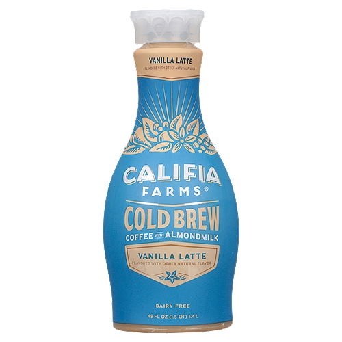 CALIFIA FARMS Vanilla Latte Cold Brew Coffee with Almondmilk, 48 fl oz
When vanilla is anything but.
With your first sip of this Vanilla Latte Cold Brew Coffee, you'll notice the creaminess of almond milk blended with the smooth, full-bodied quality of 100% arabica cold brew coffee and just the right amount of cane sugar. Then comes the rich, warm flavor of vanilla lending a sweet and comforting note to the coffee that lingers on the palate in a delightful finish. Drink it cold or warm it up. Blend it into smoothies or use in baking or desserts. This delightfully layered plant-based latte is anything but plain vanilla.