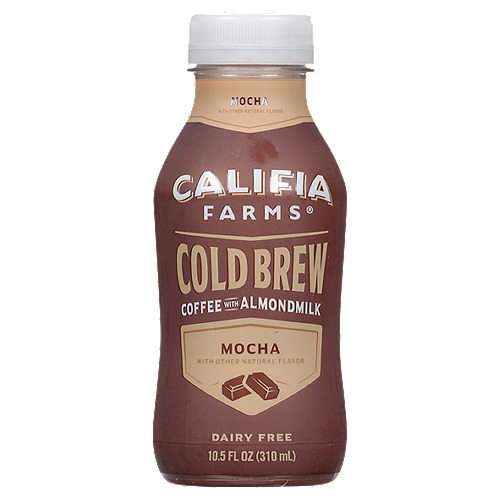 Califia Farms Mocha Cold Brew Coffee with Almondmilk, 10.5 fl oz
For those who love a little chocolate with their coffee, but not a lot of sugar, Mocha Cold Brew Coffee is the answer. 
Half chocolate almond milk, half smooth cold brew coffee, with just a hint of sweetness, this plant-based latte checks all the right boxes. It has a silky-smooth texture and rich chocolate flavor that plays well with the soft, full-bodied taste of 100% arabica cold brew coffee. In a convenient grab-and-go bottle that fits into any lifestyle. Drink it cold or warm it up. It's not too sweet to start off your morning, but just sweet enough to satisfy your craving for an afternoon treat.