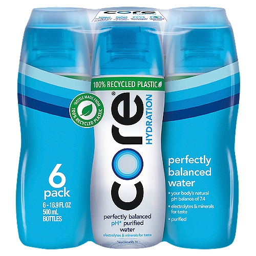 Core Hydration Perfectly Balanced Water, 16.9 fl oz, 6 count
Perfectly balanced pH* purified water
Perfect pH: 7.4* your body's natural pH balance
*approximately 7.4 pH

Core Hydration mirrors your body's natural pH balance of about 7.4 pH. Core Hydration is purified in a seven stage process. Electrolytes and minerals are added for taste. Core Hydration is perfectly balanced and helps you stay hydrated and feeling your best.
