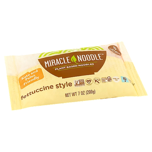 Miracle Noodle Fettuccine Style Plant Based Noodles, 7 oz
Use as a pasta substitute in any dish dramatically reducing calories.
Finally, you can have your pasta and eat it too! It is the ultimate guilt free noodle.
Now you know why we call it Miracle Noodle®!

Miracle noodle® is a shirataki noodle made from the flour of konnyaku imo (konjac) plant. These noodles made from 97% water and 3% plant fiber are naturally low in calories. This natural fiber makes you feel full while still enjoying the satisfaction of eating noodles!
Miracle Noodle products are made from quality, plant based ingredients, and may not be suitable for people with sensitivities to high-fiber foods.