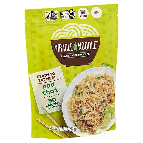 Miracle Noodle Pad Thai Plant Based Noodles, 9.9 oz
Take a culinary trip to Thailand without any guilty carb baggage! This classic street food has been upgraded by combining traditional Thai spices with our starch-free Miracle Noodle®.

Miracle noodle® is a shirataki noodle made from the flour of Konnyaku Imo (konjac) plant. These noodles made from 97% water and 3% plant fiber are naturally low in calories. This natural fiber makes you feel full while still enjoying the satisfaction of eating noodles!