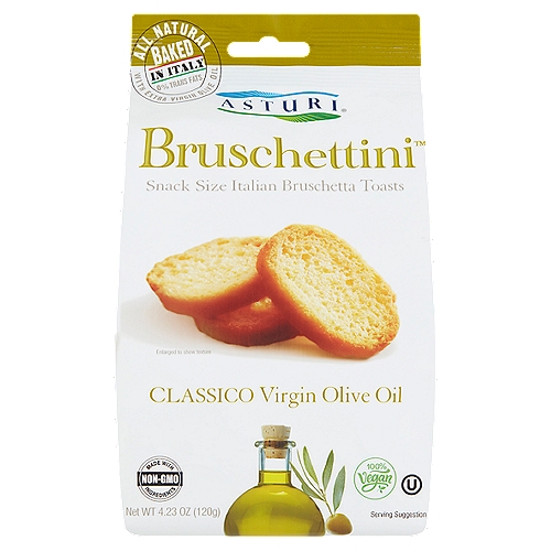 Asturi Bruschettini Classico Virgin Olive Oil Italian Bruschetta Toasts Snack Size, 4.23 oz
Our All Natural Asturi® Bruschettinis™ originate from the scenic region of Piedmont in Northern Italy - a breathtaking land with towns nestled in the foothills of the Alps, rich in history and tradition, and recognized for its sumptuous cuisine and fine wines. Our Italian Bruschetta mini toast is Baked using only the highest quality virgin olive oil and a sprinkle of sea salt. We use a unique blend of snack is made using age-old artisanal methods, including a double-baking wheat flour and durum wheat semolina for a firm yet crispy texture. This gourmet technique, which results in a delicious homemade taste. We take our time to make it right by utilizing a 22-hour natural leavening process for the dough ensuring quality and flavor in every bite. They are the perfect snack all by themselves or topped with almost anything... truly a great compliment for any occasion. Best of all, we do not use milk, cheese, eggs, or honey in our recipe, making it ideal for Vegan lifestyles!

You can snack guilt free because our delicious Bruschettinis™ are Baked with:
✓ 100% natural and simple ingredients
✓ 100% olive oil
✓ Vegan! (no milk, cheese, eggs, or honey)
✓ OU Kosher
✓ No GMO'S
✓ No cholesterol
✓ No trans Fats
✓ No artificial flavors
✓ No artificial colorings
✓ No preservatives