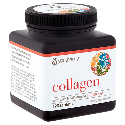 Dietary Supplement 6,000 mg • •6,000 mg hydrolyzed collagen per daily serving. + 6,000 mg collagen per serving + replenishes beauty proteins* + helps counteract skin-aging* + revitalizes skin, hair & nails* Youtheory Collagen can help you achieve inner health and outer beauty.* Providing 6,000 mg of easily digested and highly absorbable collagen peptides per serving, this formula supplies the essential building blocks to support healthy aging and a more youthful appearance * It also features a daily dose of vitamin C to help aid normal collagen formation and boost antioxidant protection.* *These statements have not been evaluated by the Food and Drug Administration. This product is not intended to diagnose, treat, cure or prevent any disease.