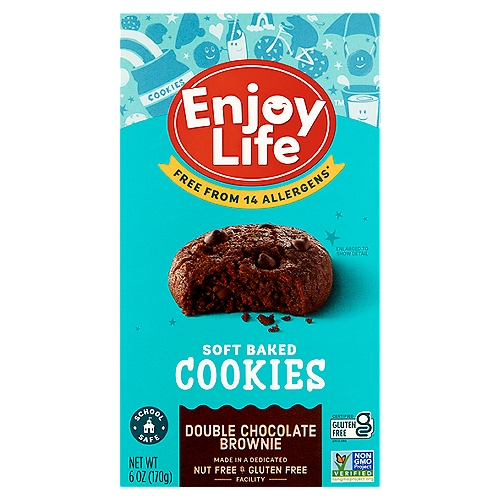 Enjoy Life Double Chocolate Brownie Soft Baked Cookies, 6 oz
Free from 14 Allergens
Wheat, peanuts, tree nuts, dairy, casein, soy, egg, sesame, mustard, lupin, added sulfites, fish, shellfish, crustaceans