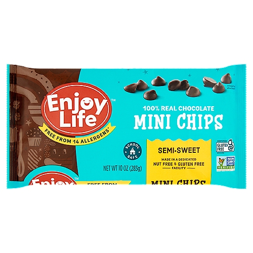 Enjoy Life Semi-Sweet 100% Real Chocolate Mini Chips, 10 oz
Free from 14 Allergens
Wheat, peanuts, tree nuts, dairy, casein, soy, egg, sesame, mustard, lupin, added sulfites, fish, shellfish, crustaceans