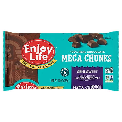 Enjoy Life Semi-Sweet Mega Chunks, 10 oz
Free from 14 Allergens
Wheat, peanuts, tree nuts, dairy, casein, soy, egg, sesame, mustard, lupin, added sulfites, fish, shellfish, crustaceans