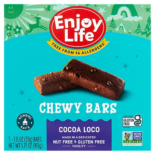 Enjoy Life Cocoa Loco Chewy Bars, 1.15 oz, 5 count
Free from 14 Allergens
Wheat, peanuts, tree nuts, dairy, casein, soy, egg, sesame, mustard, lupin, added sulfites, fish, shellfish, crustaceans