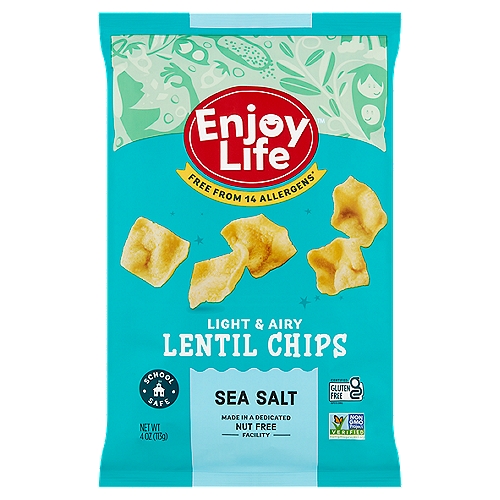 Enjoy Life Sea Salt Light & Airy Lentil Chips, 4 oz
Free from 14 allergens
Wheat, peanuts, tree nuts, dairy, casein, soy, egg, sesame, mustard, lupin, added sulfites, fish, shellfish, crustaceans