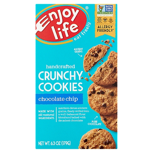 Enjoy Life Chocolate Chip Handcrafted Crunchy Cookies, 6.3 oz
Allergy Friendly*
*Our Products are free from Gluten and... Wheat, Peanuts, Tree Nuts, Dairy, Casein, Soy, Egg, Sesame, Sulfites, Lupin, Mustard, Fish, Shellfish and Crustaceans

Nutrient-dense ancient grains, finely milled into a well-balanced flour blend and baked with decadent chocolate