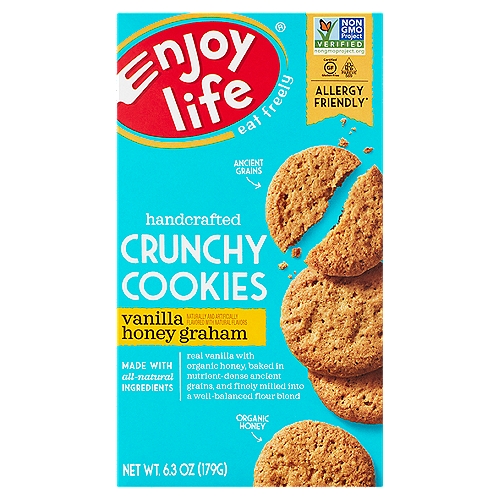Enjoy Life Vanilla Honey Graham Crunchy Cookies, 6.3 oz
Allergy Friendly*
*Our Products are free from Gluten and... Wheat, Peanuts, Tree Nuts, Dairy, Casein, Soy, Egg, Sesame, Sulfites, Lupin, Mustard, Fish, Shellfish and Crustaceans

Real vanilla with organic honey, baked in nutrient-dense ancient grains, and finely milled into a well-balanced flour blend