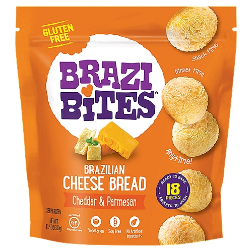 Brazi Bites Cheddar & Parmesan Brazilian Cheese Bread, 18 count, 11.5 oz
Keeping it Real!
Our authentic family recipe with simple wholesome ingredients
Cheddar cheese, parmesan cheese, tapioca flour, salt, water, milk, safflower oil, eggs