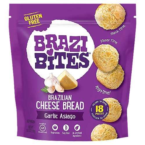 Brazi Bites Garlic Asiago Brazilian Cheese Bread, 18 count, 11.5 oz
Keeping it Real!
Our authentic family recipe with simple wholesome ingredients
Asiago cheese, garlic, tapioca flour, parsley, water, milk, safflower oil, salt, eggs
