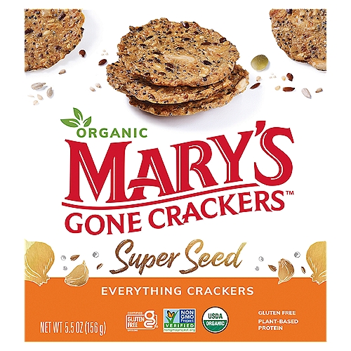 Mary's Gone Crackers Super Seed Everything Crackers, 5.5 oz
Plant-Based Protein
Our protein is plant based from real-grown food

We Support Non-GMO
Our crackers are always non-GMO verified

Always Organic
We believe in the benefits of organic farming

Seed Crafted with Care
Our seed crafted crackers are always gluten free

We like to think of each cracker as a tiny plate with endless topping possibilities. Elevate your cracker game with some of our favorite combos.
Cream cheese + black olives, roasted mushrooms + goat cheese, steak + cheddar, avocado + swiss cheese

Snack Happy, Live Happy™