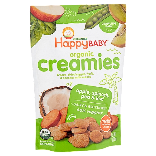 Happy Baby Organics Organic Creamies Freeze-Dried Veggie, Fruit, & Coconut Milk Snacks, 1 oz
Organic Creamies Freeze-Dried Veggie, Fruit, & Coconut Milk Snacks, Crawling Baby

Our Enlightened Nutrition Philosophy
Coconut milk is creamy, delicious, and dairy free
Learning to pick up helps with baby's development
Melts in baby's mouth

Your Child May Be Ready for Organic Creamies when She or He:
Pulls self up to stand with support
Uses jaws to mash food between gums
Crawls without tummy touching the ground
Picks up food to eat with thumb and forefinger