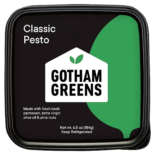 Gotham Greens Classic Pesto, 6.5 oz
Our Classic Pesto would make any Italian grandmother proud. Made with fresh basil sustainably grown and hand-harvested in our own greenhouses.