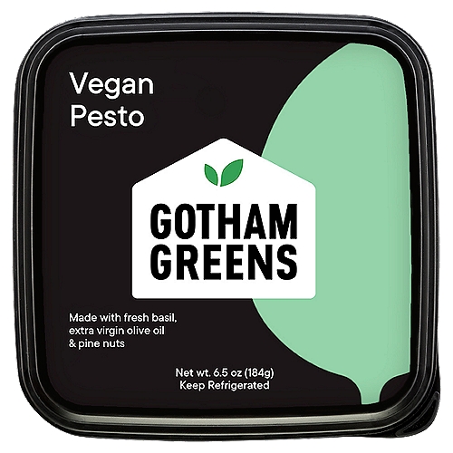Gotham Greens Vegan Pesto, 6.5 oz 
Gotham Greens Vegan Pesto would make any Italian grandmother proud. Made with pine nuts, extra virgin olive oil, coarse sea salt and Gotham Greens Basil sustainably grown and hand-harvested in our own greenhouses. Makes a great dip, sauce or spread. Non-GMO. Keep Refrigerated.