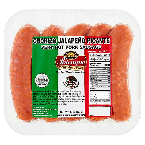 Palenque Provisions Corp Chorizo Jalapeño Picante Very Hot Pork Sausage, 5 count, 14 oz