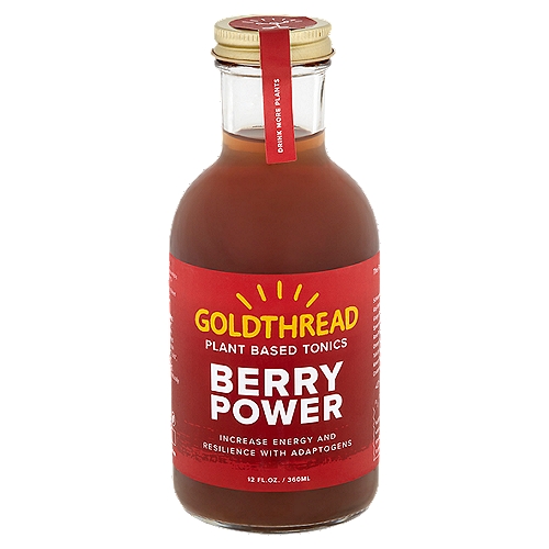 Goldthread Berry Power Plant Based Tonics, 12 fl oz
The Formula
Schisandra berry, goji berry, ginger root, spearmint, rose petal, orange peel, tulsi leaf + flower, Korean ginseng, cardamom pods

Drink More Plants
This strengthening tonic helps you stay balanced in the face of life's challenges. Constant and dynamic change is the law of the universe, so harness its power and build the fortitude essential to meet your destiny. Tonic herbs invoke the deep-rooted energy of the oak and the flexible resilience of bamboo. This elixir turns a stressful day into a snorkeling adventure through the kaleidoscopic reef of your own possibility. 
William Siff Msc. A.O.M.
Founder + Chief Herbalist