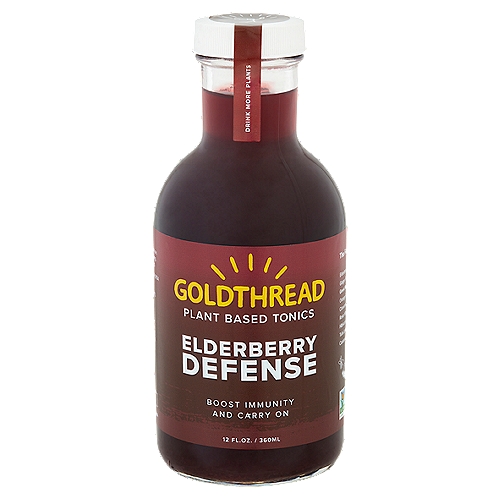 Goldthread Elderberry Defense Plant Based Tonics, 12 fl oz
The Formula
Elderberry
Ginger root
Greek mountain mint
Orange peel
Cinnamon chips
Rose hips
Hibiscus blossoms
Tulsi leaf + flower
Cardamom

Drink More Plants
According to Traditional Chinese Medicine, Wei Qi is the energy that safeguards health. In the East, tonic herbs are often consumed to fortify and enhance Wei Qi. Elderberry, astragalus and other herbs and spices come roaring deliciously to the defense like a shimmering purple dragon.
William, Siff Msc. A.O.M.
Founder + Chief Herbalist