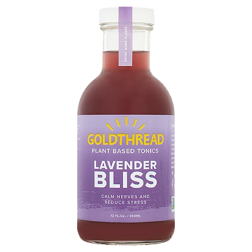 Goldthread Lavender Bliss Plant Based Tonics, 12 fl oz
The Formula
Linden flowers
Saffron
Lavender blossoms
Chamomile
Elder flowers
Lemon verbena
Sage leaf
Butterfly pea flower

Drink More Plants
This elegant elixir drenches the senses with the sweet floral breezes, bright dazzling colors and easy going vibes of Southern France. Five kinds of flowers including Linden, Lavender and Saffron, attentively gathered at their peak of perfection will gently escort you into a new and improved dimension of chill. Love yourself, drink Bliss.
William Siff Msc. A.O.M.
Founder + Chief Herbalist