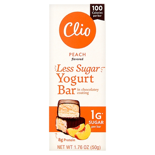 Clio Peach Flavored Yogurt Bar in Chocolatey Coating, 1.76 oz
Less sugar**
**This product has 90% less sugar than our original Greek yogurt bars.

1g* Sugar per Bar
*Not a low calorie food.

Live Active Cultures [L. Bulgaricus, S. Thermophilus]

No rBST***
***According to the FDA, no significant difference has been found between milk derived from rBST-treated and non-rBST-treated cows.