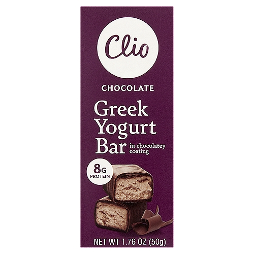 Clio Chocolate Greek Yogurt Bar in Chocolatey Coating, 1.76 oz
Live Active Cultures [L. Bulgaricus, S. Thermophilus]

No rBST*
*According to the FDA, no significant difference has been found between milk derived from rBST-treated and non-rBST-treated cows.
