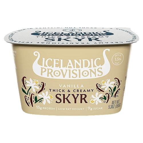 Icelandic Provisions Vanilla Thick & Creamy Skyr Low Fat Yogurt, 5.3 oz
According to the FDA, no significant difference has been found between milk from rBST-treated and non-rBST treated cows.

Live and Active Cultures: Including Heirloom Skyr Cultures (Streptococcus Thermophilus Islandicus™), Lactobacillus Bulgaricus, Bifidobacterium.

A Wonderfully Thick and Creamy Traditional Icelandic Yogurt