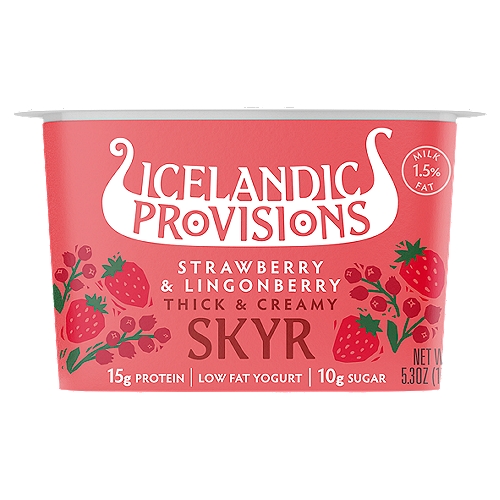 Icelandic Provisions Strawberry & Lingonberry Thick & Creamy Skyr Low Fat Yogurt, 5.3 oz
According to the FDA, no significant difference has been found between milk from rBST-treated and non-rBST treated cows.

Live and Active Cultures: Including Heirloom Skyr Cultures (Streptococcus Thermophilus Islandicus™), Lactobacillus Bulgaricus, Bifidobacterium.

A Wonderfully Thick and Creamy Traditional Icelandic Yogurt