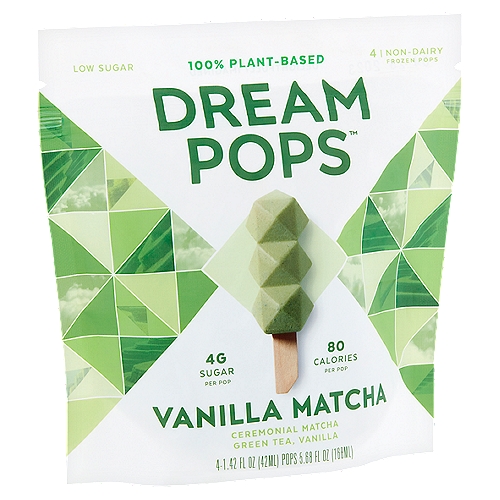 Dream Pops Vanilla Matcha Non-Dairy Frozen Pops, 1.42 fl oz, 4 count
The Future Has Arrived and it Tastes Wonderful
We dreamt up a plant-based frozen dessert that is packed with superfoods, less than 100 calories, less than 5g sugar - all without dairy, gluten and soy. No artificial anything! Our pops are truly one of a kind and will satisfy your sweet desires.
Dream bigger. Indulge better.