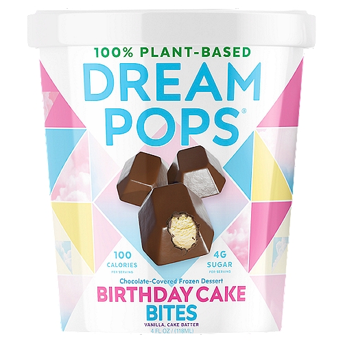 Dream Pops Birthday Cake Bites Chocolate-Covered Frozen Dessert, 4 fl oz
The Future Has Arrived and It Tastes Wonderful
We dreamt up a plant-based frozen dessert that is packed with superfoods, less than 100 calories, less than 5g sugar - all without dairy, gluten and soy. No artificial anything! Our bites are truly one of kind and will satisfy your sweet desires.
Dream gigger. Indulge better.
