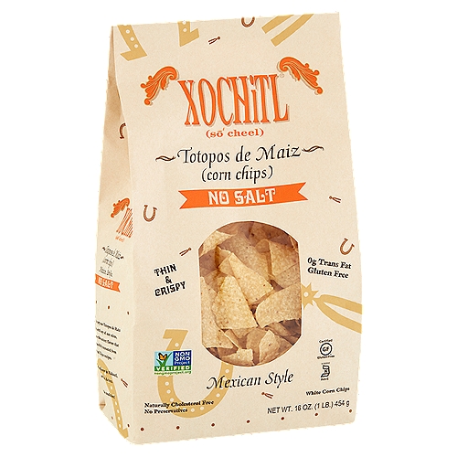 Xochitl No Salt Mexican Style White Corn Chips, 16 oz
We use only the best Non-GMO Verified corn and Organic Non-Hydrogenated oils, selected for their unique flavors and characteristics.

The Aztecs steeped kernels of corn in lime overnight and ground them with large stones to create a dough called Nixtamal, which they used to make tortillas.

Xo Thin. Xo Crisp. Xo Good. Xochitl.