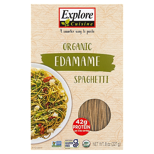 Explore Cuisine Organic Edamame Spaghetti Pasta, 8 oz
Compare 3.5 oz / 100 g servings: Protein; Explore Cuisine Edamame: 42g; Average wheat based pasta: 13g
Compare 3.5 oz / 100 g servings: Dietary fiber; Explore Cuisine Edamame: 23g; Average wheat based pasta: 3g
Compare 3.5 oz / 100 g servings: Net carbs*; Explore Cuisine Edamame: 12g; Average wheat based pasta: 71g
*Net carbs = total carbohydrates - fiber