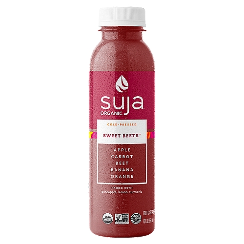 Suja Organic Cold-Pressed Sweet Beets, 12 fl oz
Don't stop the Beet with the Suja Organic Cold-Pressed Sweet Beets. This sweet smoothie combines beets, apples, carrots, oranges, bananas, pineapples and is amplified with turmeric. Includes one 12 oz. bottle of Suja Organic Cold-Pressed Sweet Beets. Suja Organic Cold-Pressed Sweet Beets is USDA Certified Organic, Non-GMO Project Verified, Gluten-free, Dairy-free, vegan, and high pressure processed (HPP) to maintain nutrients and fresh taste. Suja is made sunny in San Diego, where we pick our favorite local fruits and veggies and then chill them out with cold pressure to keep them feeling fresh and tasting delicious. We bottle up the power of plants so you can make nutrition your bliss!