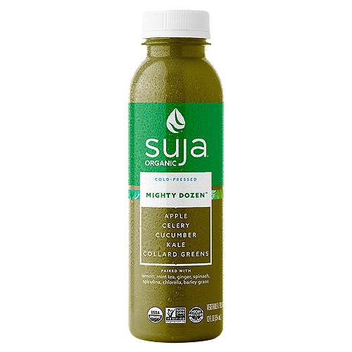 Suja Organic Cold-Pressed Mighty Dozen, 12 fl oz
Nutrition dozen get any easier than with the Suja Organic Cold-Pressed Mighty Dozen. This organic green juice is made with the mightiest of greens and balanced with the subtle sweetness of apples, making this green juice mighty tasty. Enjoy the benefits of apple, celery, cucumber, kale, collard greens, lemon, peppermint tea, spearmint tea, spinach, ginger, spirulina, chlorella & barley grass. Suja Organic Cold-Pressed Mighty Dozen is USDA Certified Organic, Non-GMO Project Verified, Gluten-free, Dairy-free, vegan, and high pressure processed (HPP) to maintain nutrients and fresh taste. Suja is made sunny in San Diego, where we pick our favorite local fruits and veggies and then chill them out with cold pressure to keep them feeling fresh and tasting delicious. We bottle up the power of plants so you can make nutrition your bliss!
