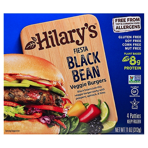 Hilary's Fiesta Black Bean Veggie Burgers, 4 count, 11 oz
Free from Top 12 Common Food Allergens
✓ Gluten/Wheat Free
✓ Egg Free
✓ Soy Free
✓ Dairy Free
✓ Corn Free
✓ Peanut Free
✓ Tree Nut Free
✓ Coconut Free
✓ Sesame Free
✓ Mustard Free
✓ Sulfite Free
✓ Shellfish Free