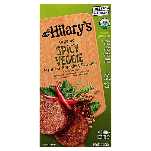 Organic Spicy Veggie Meatless Breakfast Sausage
Spiced Just Right! Whole-Grain Millet and Savory Lentils Blended with Zesty Herbs and Spices.

Free from Top 12 Common Food Allergens
✓ Gluten/Wheat Free
✓ Egg Free
✓ Soy Free
✓ Dairy Free
✓ Corn Free
✓ Peanut Free
✓ Tree Nut Free
✓ Coconut Free
✓ Sesame Free
✓ Mustard Free
✓ Sulfites Free
✓ Shellfish Free