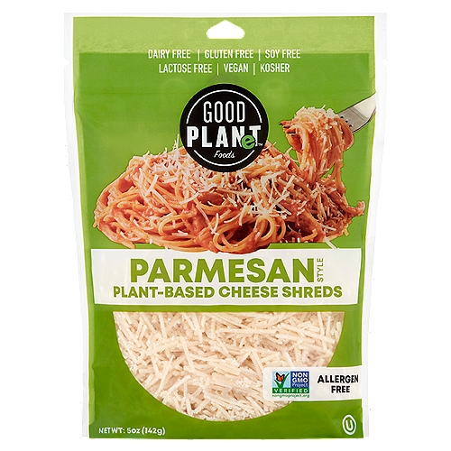 Good Planet Foods Parmesan Style Plant-Based Cheese Shreds, 5 oz
Made for all to enjoy without worry, our products are made using plant-based ingredients and are allergen free!

Free from: Dairy, Casein, Egg, Gluten, Wheat, Peanuts, Tree Nuts, Soy, Sesame, Sulfites, Lupin, Mustard, Fish, Shellfish, Carrageenan, Added Sugars